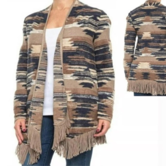 Lucky Brand‎ Aztec Print Fringed Brushed Knit Open Cardigan Western Sweater Top - Picture 1 of 8